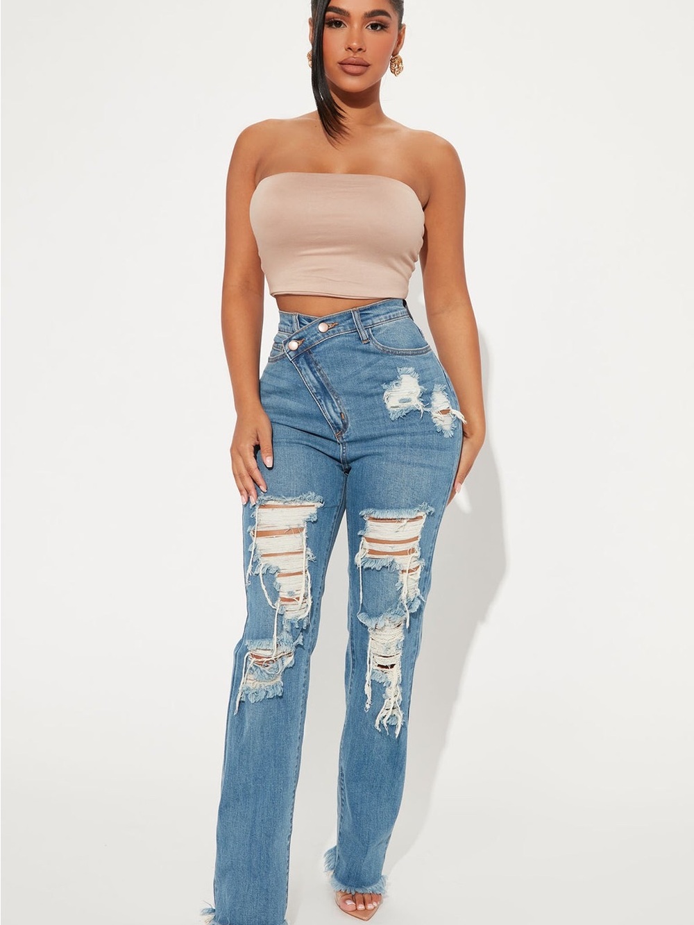 Fashion Nova Tall Crossover distress Straight Leg Jeans - Medium Wash Size 11